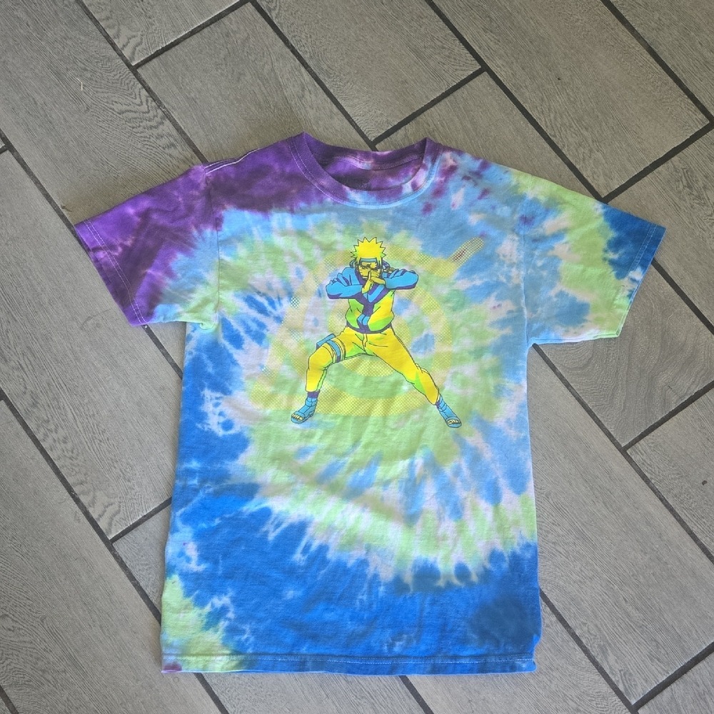 Naruto Shippuden 20th Anniversary Tie Dye Graphic T-Shirt Kids Small Blue Purple